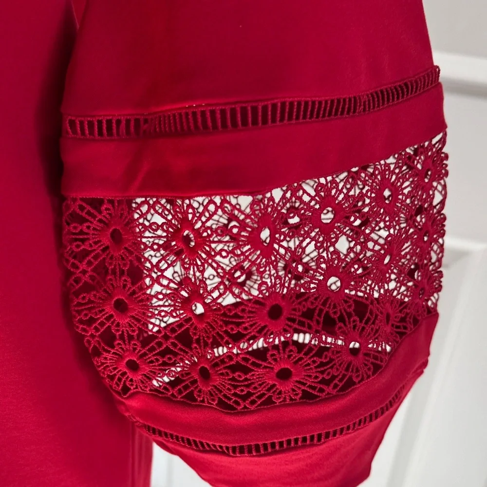 Chico's Vibrant Red Dress with Lace Sleeves, M - Picture 4 of 14
